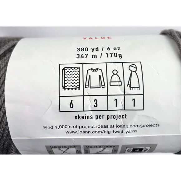 Big Twist Value Yarn, Medium Gray, Worsted Weight, Lot of 3 (Same lot #) - Picture 2 of 4